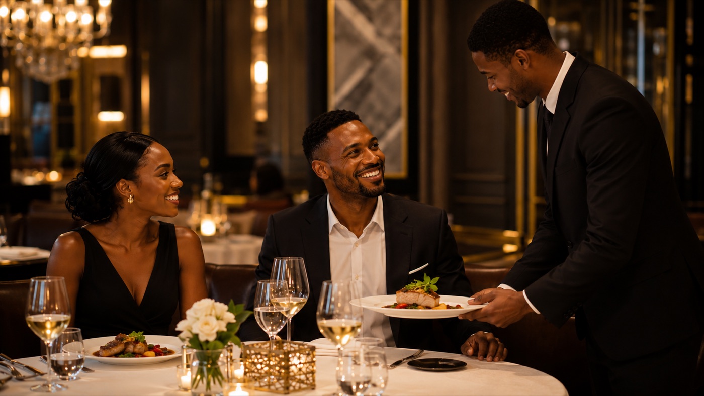 Un serveur présente un plat à un couple élégant dans un restaurant gastronomique